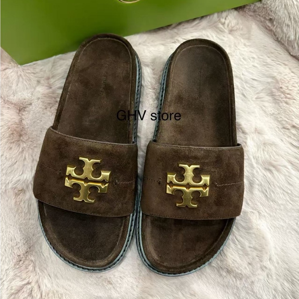 Tory Burch Everly Anatomic Lug Paris Suede Leather Sandal Slide